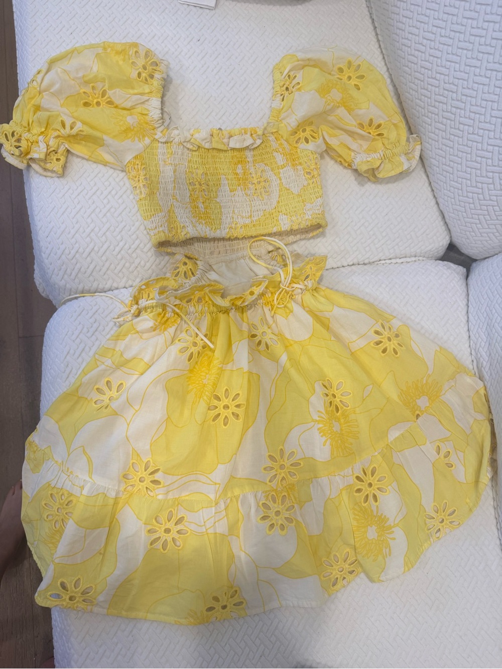 Yellow Floral Puff-Sleeve Casual Dress Set